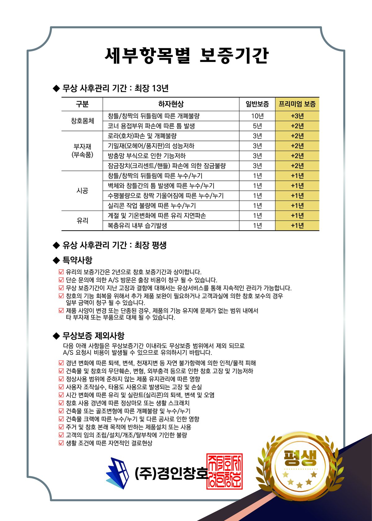 경인창호 보증서 뒷면